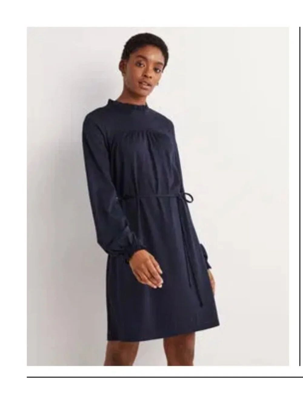 Boden Womens Easy Yoke Jersey Dress UK 14 US 10 Navy Ruffle High Neck D0448 NWT